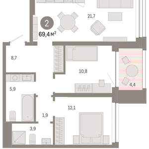 2-к квартира, вторичка, 69м2, 4/8 этаж