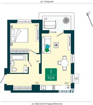 2-к квартира, вторичка, 53м2, 4/9 этаж